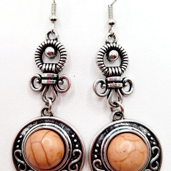 Neutral Faux Stone Drop Dangle Earrings 2 3/4" Southwestern Antiqued Silver Tone - Picture 3 of 5